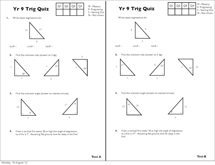 Basic trig quiz geometry answer key